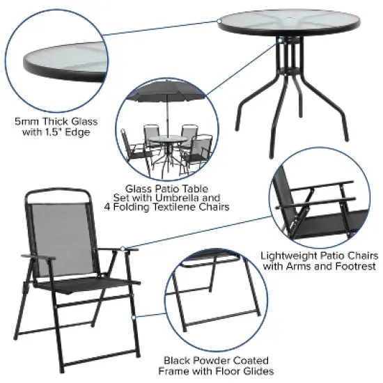 Flash Furniture Nantucket 6 Piece Patio Garden Set with Table, Umbrella and 4 Folding Chairs image {8}