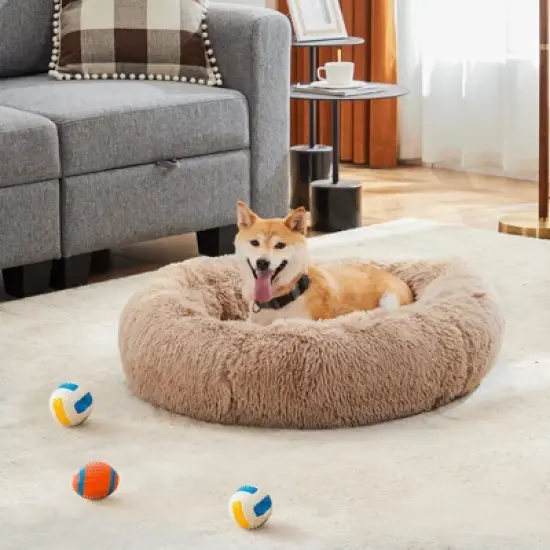 SEVOBAL Pet Beds Anti-Slip Round Fluffy Plush Faux Fur Cat Bed, Pet Bed For Dog Or Cat, Removable Pet Sofa Bed, Brown, 24.8"*24.8"*5.9" image {5}
