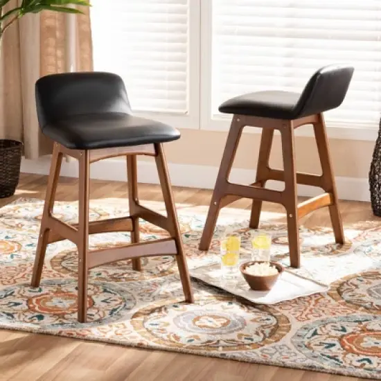 2pc Darrin Faux Leather and Wood Counter Height Barstools Black/Walnut/Brown - Baxton Studio image {5}