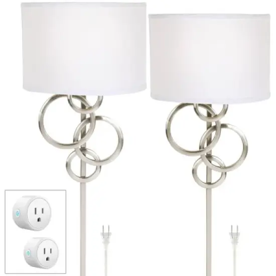Possini Euro Design Circles Modern Wall Light Sconces Set of 2 Smart Sockets Brushed Nickel Plug-In 12" Fixture Off-White Shades Bedroom image {1}
