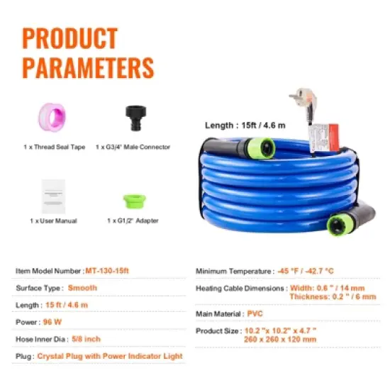 VEVOR 15ft Heated Water Hose for RV,Heated Drinking Water Hose Antifreeze to -45&deg;F, Automatic Self-regulating, 5/8" I.D. with 3/4" GHT Adapter, Blue image {7}