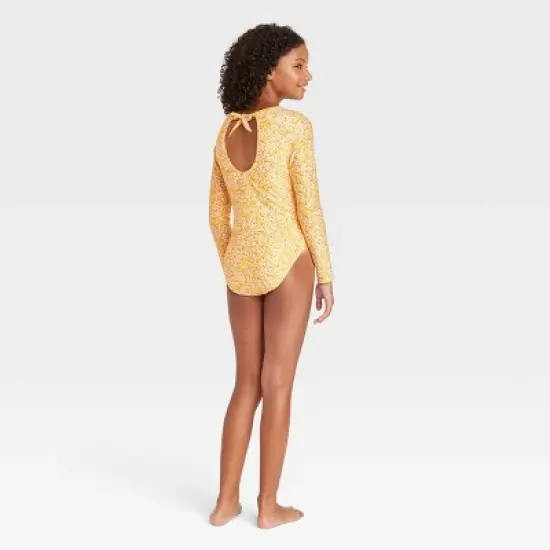 Girls' Ditsy Meadow Rash Guard One Piece Swimsuit - art class&trade; Yellow image {1}