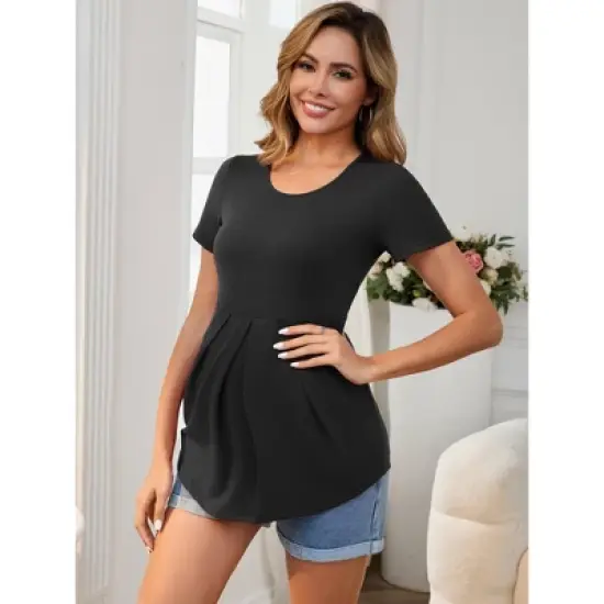 INSPIRE CHIC Women's Maternity Top Short Sleeve Crewneck Wrinkle Design Blouse Waist Tiered Pregnancy T-Shirt image {5}