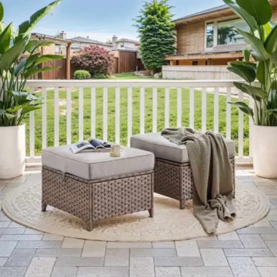 Gymojoy Wicker Ottomans Outdoor Wicker Footstool Set of 2 image {10}