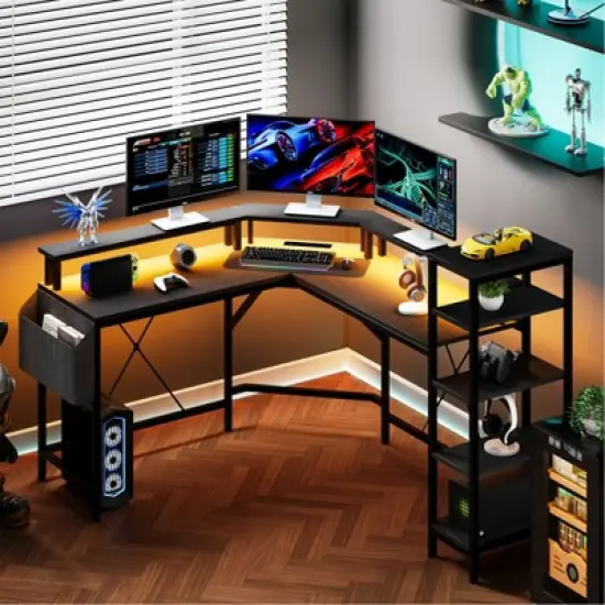 61" L Shaped Gaming Desk, with Monitor Stand, L-Shaped Corner Computer Desks, Built-in LED Lights and Side Storage Pockets, for Small Spaces image {2}