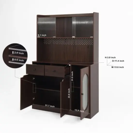 71" Tall Kitchen Pantry Storage Cabinet, Large Capacity Display Cabinet with Reeded Glass Doors and Microwave Stand, Bakers Racks with Storage image {5}