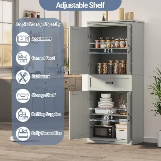 70" Multi-Room Pantry Cabinet w/ Drawer & 4 Doors - Adjustable Shelves, Engineered Wood, Freestanding Cray image {5}