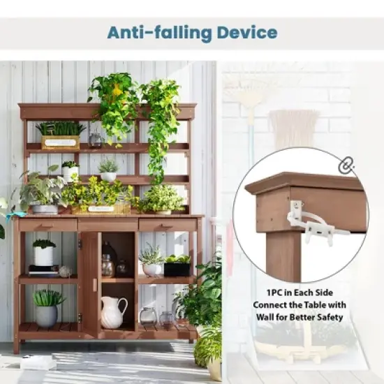 66"H Patio Wooden Potting Bench Table, Farmhouse Garden Workstation with 2 Drawers, Cabinet and Open Shelves - ModernLuxe image {12}