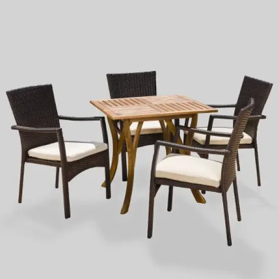 Ferris 5pc Acacia Wood & Wicker Patio Dining Set - Brown - Christopher Knight Home image {1}