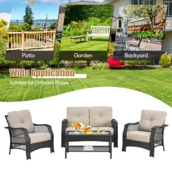 Costway 4PCS Patio Wicker Furniture Set Loveseat Sofa Coffee Table W/ Cushion image {5}