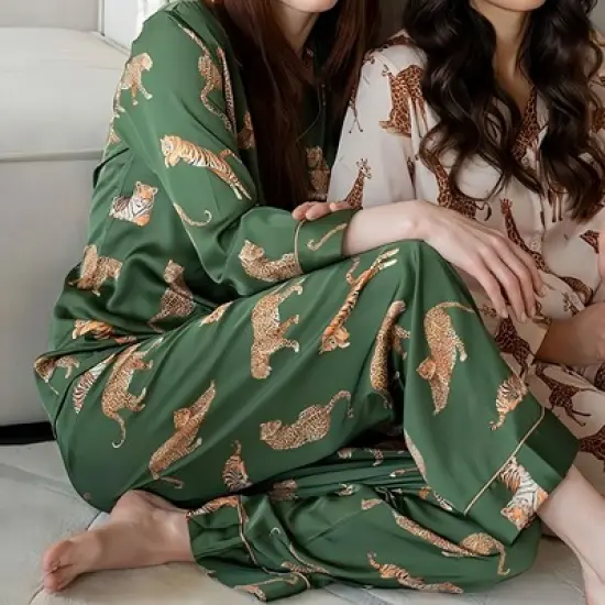 Anna-Kaci Lounge Women's Long Sleeve Button Front Pajama Set with Tiger Print and Satin Finish image {2}