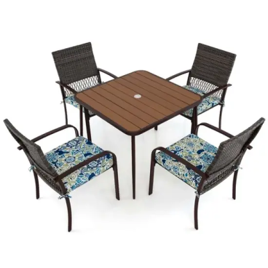 Costway 5 PCS Patio Dining Set with Wood-Plastic Tabletop & Umbrella Hole for Backyard image {10}