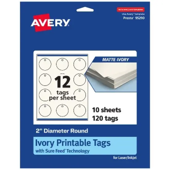 Avery Printable Round Tags with Sure Feed Technology, 2" Diameter, Matte Ivory Cardstock, Print-to-the-Edge, Laser/Inkjet, 120 Total image {9}