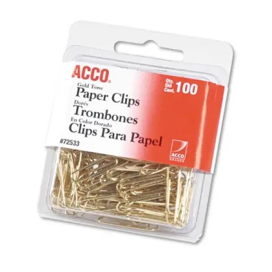 ACCO Gold Tone Paper Clips, #2, Smooth, Gold, 100/Box image {1}