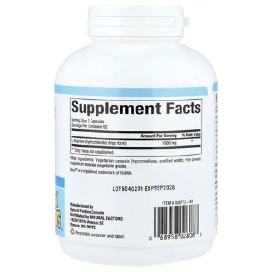 Natural Factors L-Arginine, 180 Vegetarian Capsules (500 mg per Capsule) image {1}