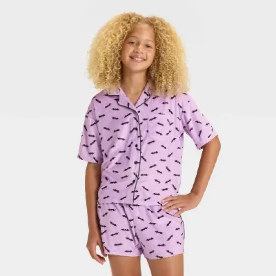 Girls' Halloween Bats Short Sleeve Button-Down Pajama Set - art class&trade; Purple image {2}