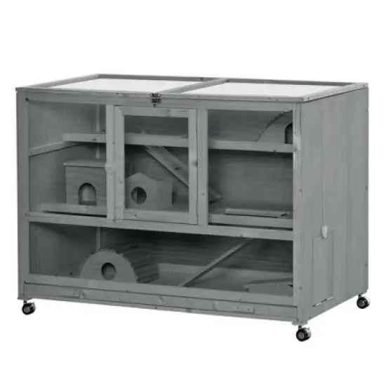 PawHut Wooden Large Hamster Cage with Seesaw and Wheels, Small Animal Cage and Habitat, 3-Tier Hamster Habitat with Ladder, Dark Grey image {3}