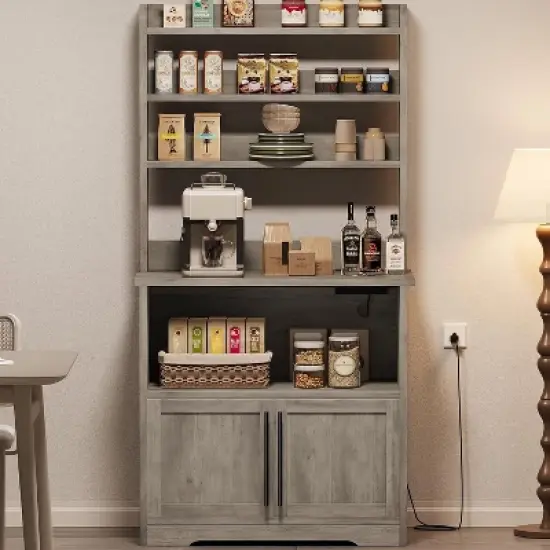 Acekool Bakers Rack with Storage Cabinet, Power Outlets, Thick Tabletop, Kitchen Pantry Hutch, 62.99" image {6}