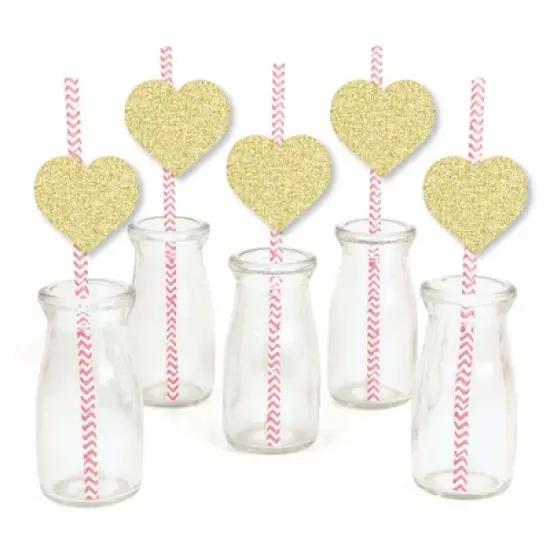 Big Dot of Happiness Gold Glitter Hearts Party Straws - No-Mess Real Gold Glitter Cut-Outs & Decorative Valentine's Day Party Paper Straws - Set of 24 image {1}