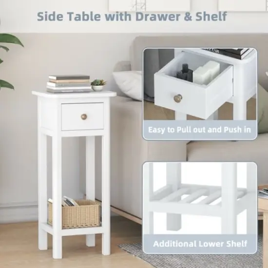 Costway 2PCS 2 Tier End Bedside Sofa Side Table with Drawer Shelf Acacia Wood Nightstand White image {4}