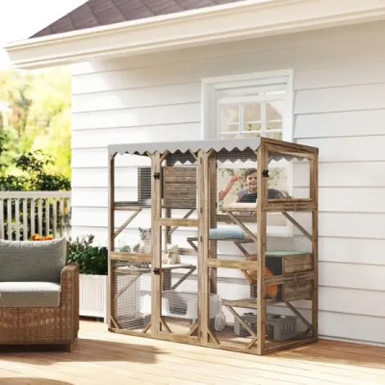 PawHut Catio Outdoor Cat Enclosure, Wooden Cat House with Window Access, 5 Platforms and 2 Resting Boxes, Waterproof Roof for Multiple Cats, Brown image {2}