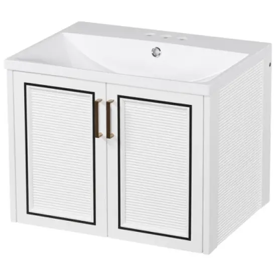24" Wall Mounted Bathroom Vanity with Porcelain Sink and Two Shuttered Doors, White - ModernLuxe image {4}