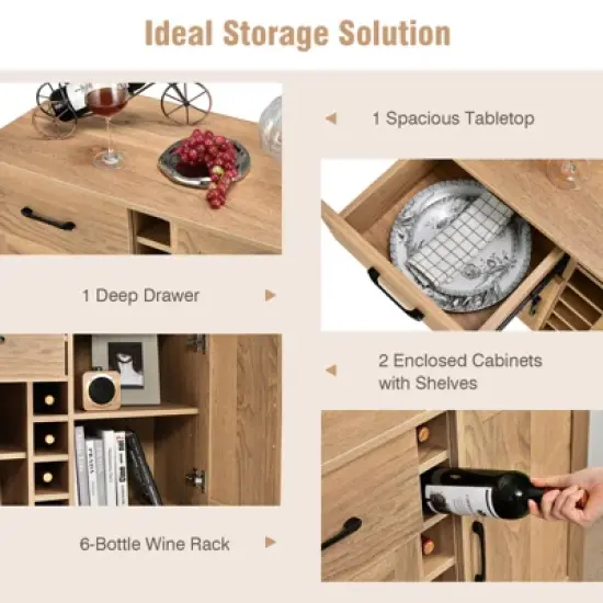 Costway 2-Door Wine Bar Cabinet Kitchen Sideboard Buffet with Drawer & Adjustable Shelves image {4}