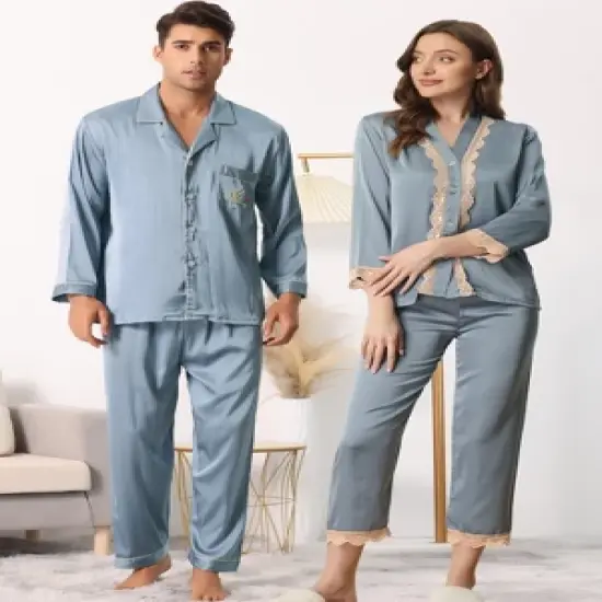 cheibear Men's Sleepwear Long Sleeve Button Down Shirt Pants Matching Couple Pajama Sets image {1}