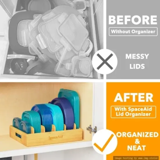 Container Lid Organizer with 5 Adjustable Dividers for Cabinets, Includes Blank  Labels (Natural) image {1}