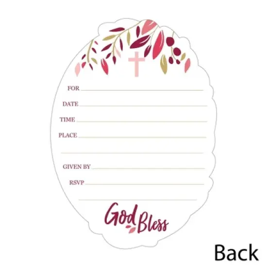 Big Dot of Happiness Baptism Pink Elegant Cross - Shaped Fill-in Invitations - Girl Religious Party Invitation Cards with Envelopes - Set of 12 image {2}