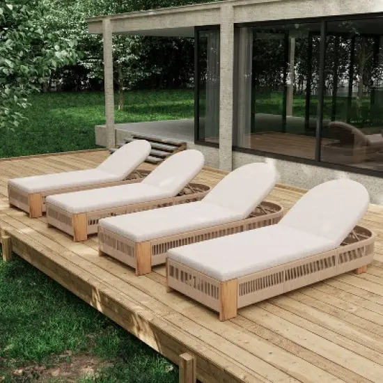 Christopher Knight Home Lariya Outdoor Adjustable Acacia Wood and Rope Chaise Lounge with Water-Resistant Cushions (Set of 4) image {1}