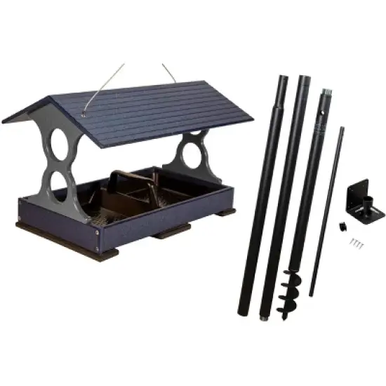 JCs Wildlife Blue and Gray Large Fly Thru Bird Feeder with Universal Mounting Pole Kit - Holds 8 Cups of Seed image {1}