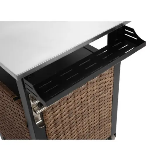 Outdoor Kitchen Wicker Island Rolling Cart & Storage Cabinet, Wheels and Stainless Steel Extended Table Top Brown image {8}