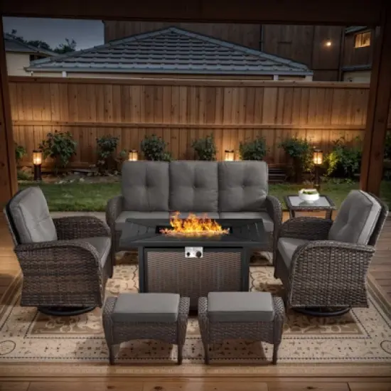 POCASSY 7 Piece Outdoor Patio Furniture Set with Fire Pit Table, Brown Rattan Wicker Modern Patio Furniture Set with Propane Fire Pit image {17}