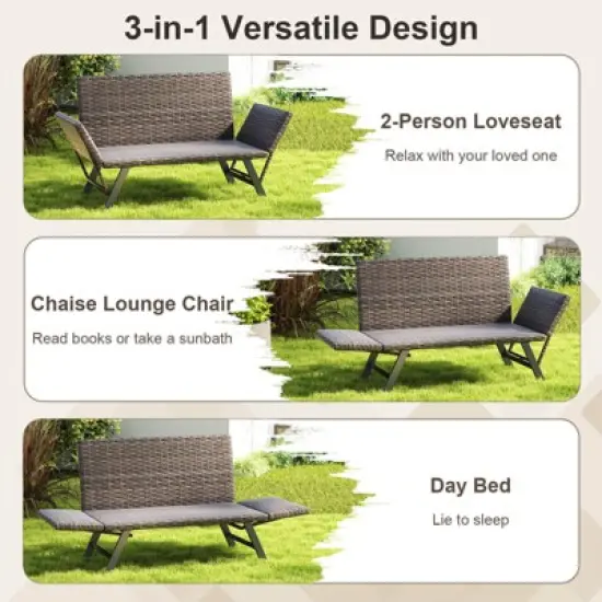 Costway Patio Convertible Sofa for 2 with Adjustable Armrests Metal Frame Wicker Couch image {5}