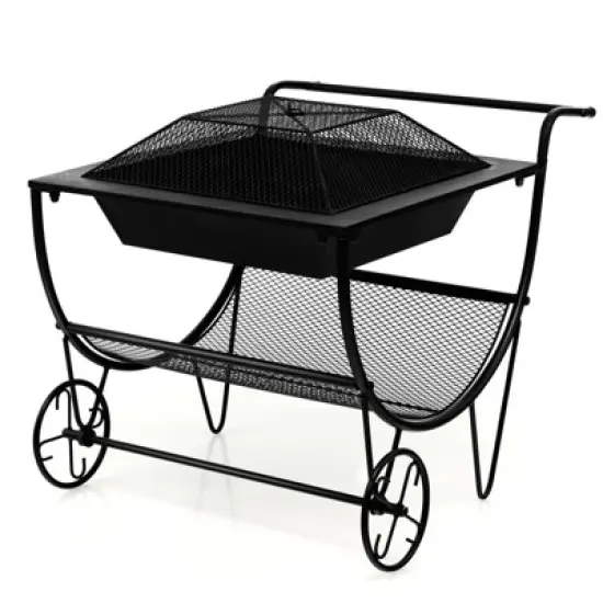 Tangkula 21.5" Fire Pit & Firewood Log Rack Outdoor Square Firepit & Firewood Holder with Spark Screen Rolling Wheels image {3}