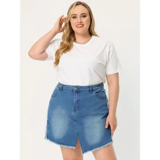 Agnes Orinda Women's Plus Size Denim Asymmetrical Slit Fashion Pockets Raw Hem Mini Skirts image {2}