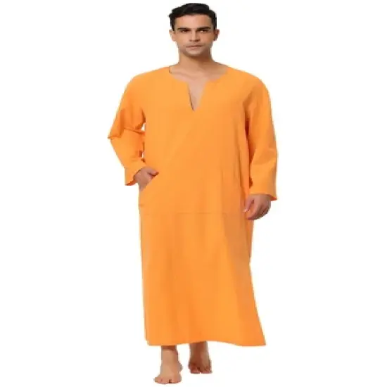 Lars Amadeus Men's Cotton V-Neck Side Split Long Night Gown with Pocket image {8}