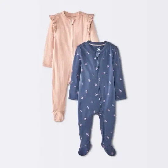 Baby Girls' 2pk Cozy Wide Ribbed Floral Sleep N' Play - Cloud Island&trade; Pink/Blue image {4}