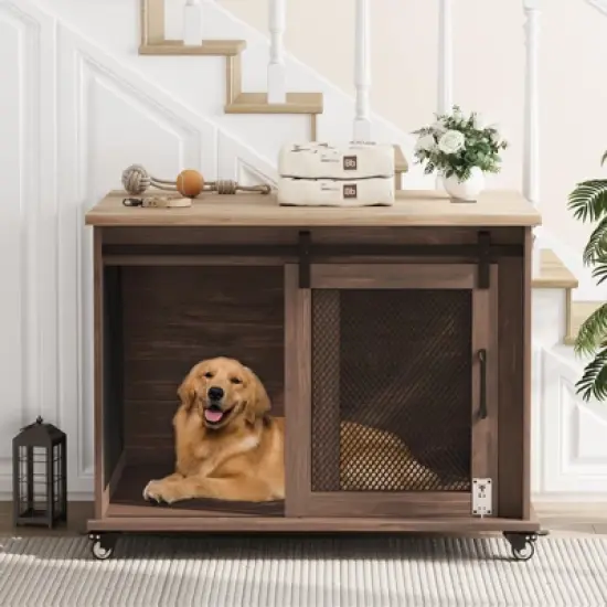 37" Dog Crate, Farmhouse Dog Crate Furniture with Sliding Barn Door, Flip Top Wooden Dog Kennel End Table with Wheels and Movable Divider image {1}
