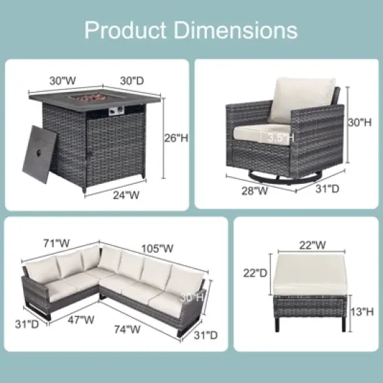 Buenhomino 8 Pieces Outdoor Patio Furniture Set with Fire Pit,L-Shaped Modular Sectional Couches with Swivel Patio Chairs,Wicker Conversation Set image {2}