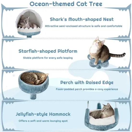 Yaheetech 45.5"Tall Multi-Level Ocean-themed Cat Tree, Blue / White Blue image {3}