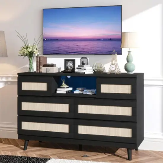 GARVEE 6 Drawer Rattan Dressers,Wooden Durable Dressers & Chests of Drawers with LED Light and Charging Station, TV Stand for Bedroom image {6}