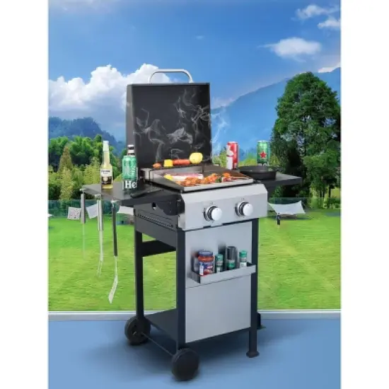 2-Burner Propane Gas Grill with Stainless Steel Plancha, Wire Enamel Grids, Foldable Side Table, Hanging Basket, Pull-Out Oil Pan, 24,600 BTU BBQ image {9}