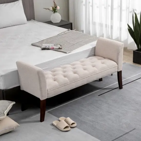 HOMCOM End of Bed Bench with Button Tufted Design, Upholstered Bench with Arms and Solid Wood Legs for Bedroom image {1}
