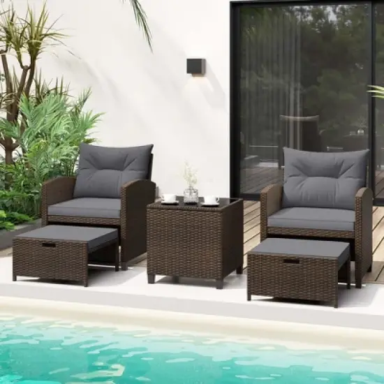 Costway 5 Piece Patio Rattan Furniture with 2 Ottomans & Tempered Glass Coffee Table Black/Off White/Navy/Red/Gray image {11}