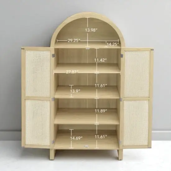 70" Arched Kitchen Pantry Cabinet with Rattan Doors and Adjustable Shelves, Freestanding Storage Display Cabinet for Kitchen, Dining Room image {6}