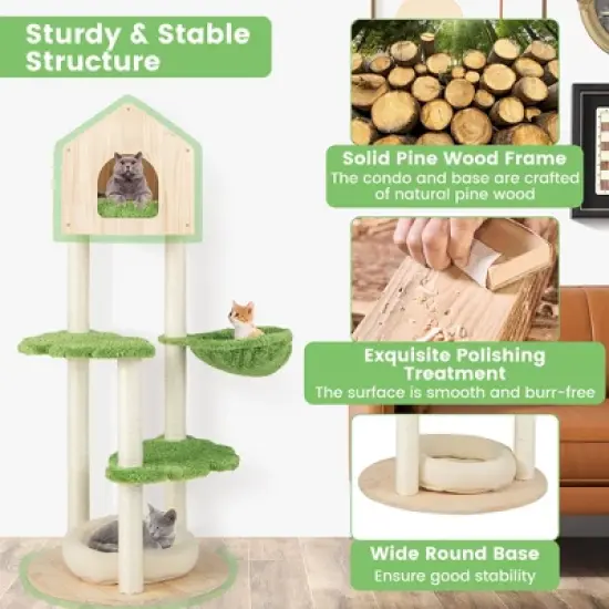 Tangkula Wooden Cat Tree 55" Tall Cat Climbing Stand w/ Sisal Scratching Posts Green image {4}