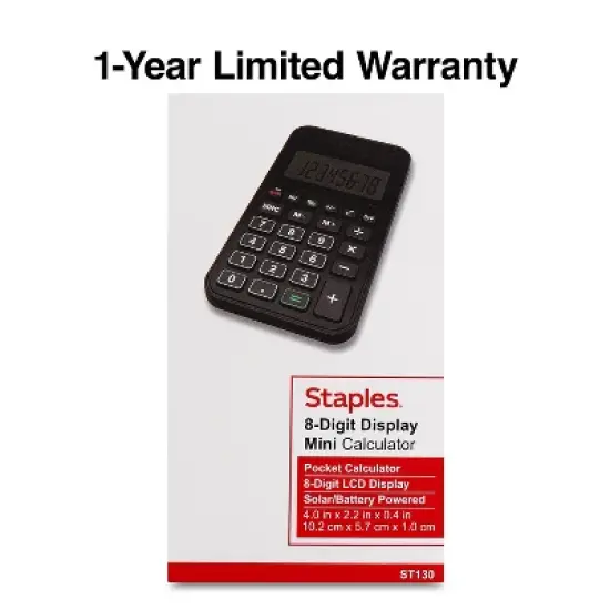 TRU RED Staples 8-Digit Solar and Battery Basic Pocket Calculator Black (ST130-CC) image {4}