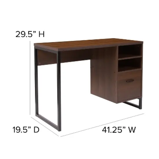 Merrick Lane Rustic Computer Desk with Shelving and Storage Drawer Metal Frame Pedestal Base Home Office Desk image {9}